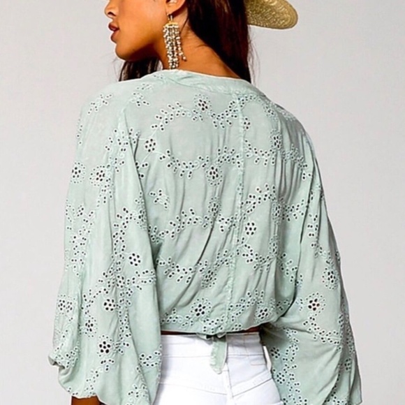 YOUNG FABULOUS AND BROKE Pistachio Green Lacey Eyelet Wrap Top - Picture 3 of 7